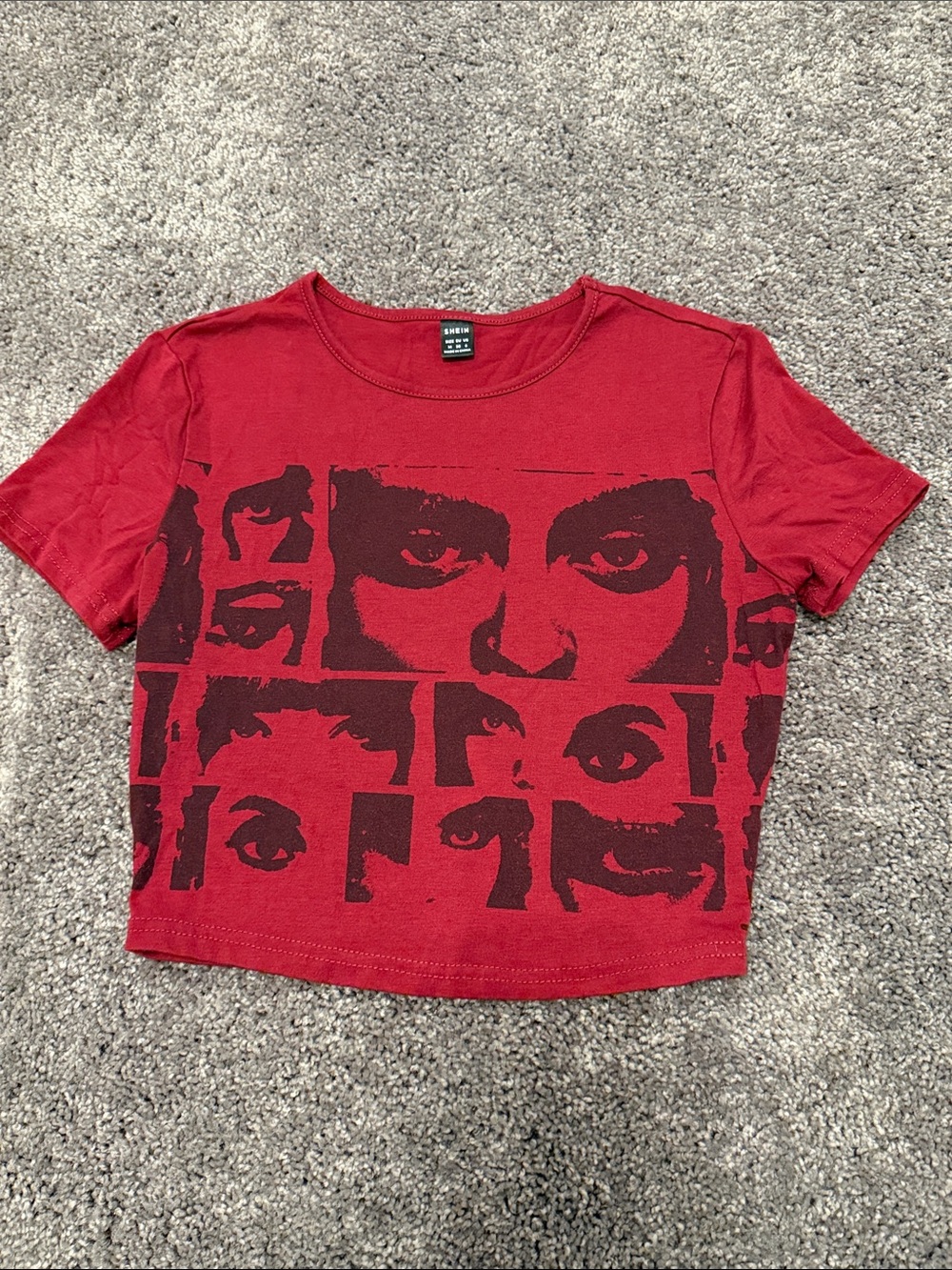 SHEIN Red Crop Tee with Dark Face Collage Print